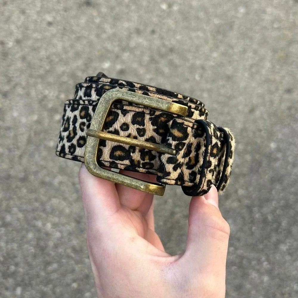 Vintage style cheetah leopard print fur belt american boho black and tan